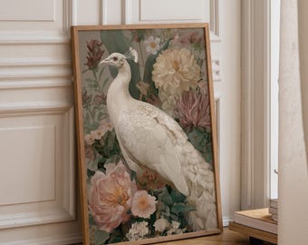 White Peacock Wall Art | Neutral Boho Bird Print | Elegant Nature Illustration | Minimalist Botanical Décor | Modern Living Room Artwork |