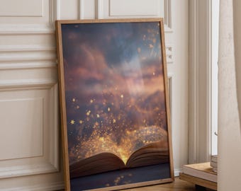 Puede incluir: Una impresión de arte mural enmarcada rectangular que muestra un libro abierto con luz dorada brillante y partículas flotantes en forma de estrella que emanan de las páginas contra un cielo oscuro y temperamental con nubes moradas y naranjas.