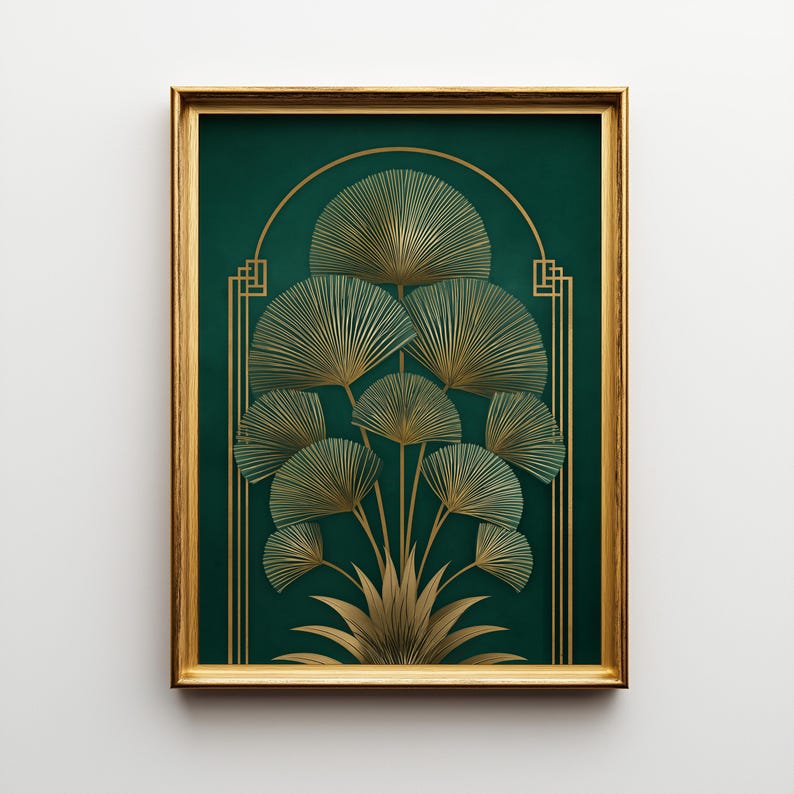 May include: A framed art print featuring a gold and green Art Deco design. The artwork showcases stylized fan-shaped leaves in gold against a deep green background. The gold frame complements the artwork's elegant aesthetic.