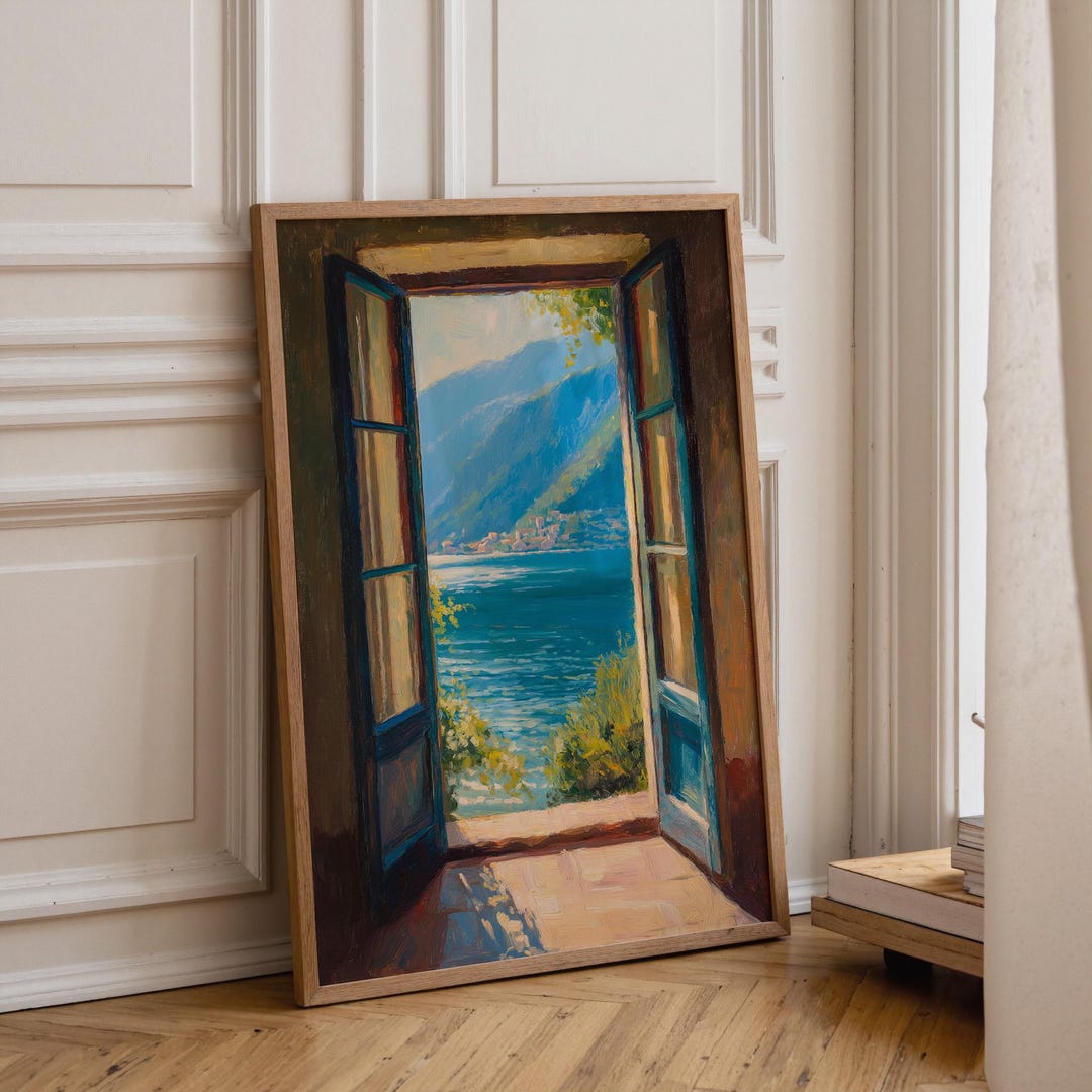 Mediterranean Window View Art Print • Scenic Coastal Painting Wall Art ...