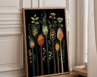 Art Print Kräuter- und Gewürzküche | Lebensmittel Illustration | Rustikales, Modernes Esszimmer Dekor | Skurriles Koch-Kunstwerk |