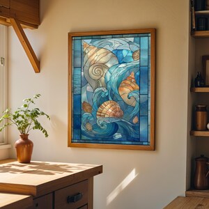 Stained Glass Seashell Wall Art, Coastal Ocean Illustration, Nautical Beach Décor, Art Nouveau image 3