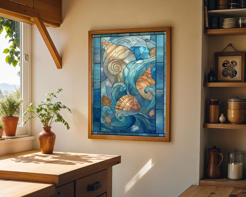 Stained Glass Seashell Wall Art, Coastal Ocean Illustration, Nautical Beach Décor, Art Nouveau image 3