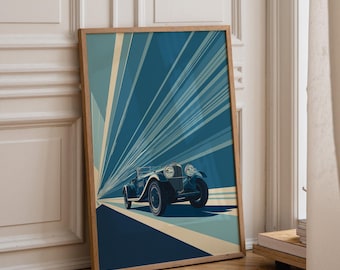 Arte mural de coches de carreras vintage / Impresión de ilustración de velocidad art déco / Póster de automovilismo clásico / Decoración de coche retro azul / Arte mural llamativo
