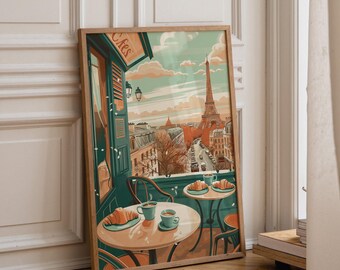 Paris Café Art Print | Cosy French Coffee Shop Illustration | Croissant and Eiffel Tower Wall Art | Warm Pastel Décor | Travel Poster | KWC