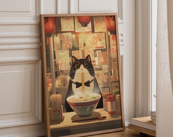 Kawaii Cat Eating Ramen Art Print | Cosy Japanese Noodle Shop Illustration | Cute Cat Kitchen Wall Art | Warm Lantern Anime Style Décor