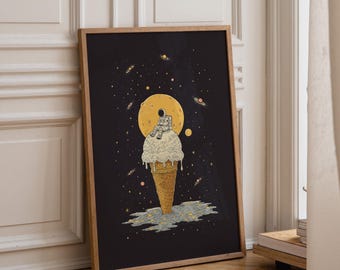 Astronaut Ice Cream Print, Surreal Cosmic Dessert Poster, Galaxy Nursery Art (Framed Option)