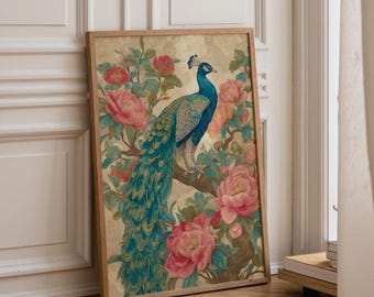 Vintage Peacock Floral Wall Art Print, Chinoiserie Peony Botanical Decor (Framed Option)