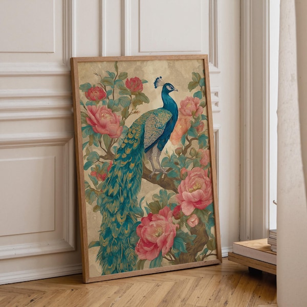 Chinoiserie Peacock Wall Art • Elegant Peacock & Peony Print • Vintage Asian Floral Décor • Luxe Botanical Bird Illustration