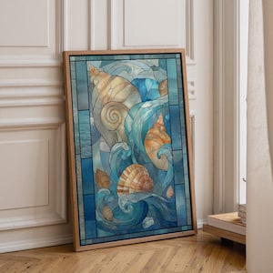Stained Glass Seashell Wall Art, Coastal Ocean Illustration, Nautical Beach Décor, Art Nouveau image 1