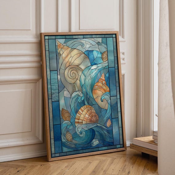 Stained Glass Seashell Wall Art, Coastal Ocean Illustration, Nautical Beach Décor, Art Nouveau