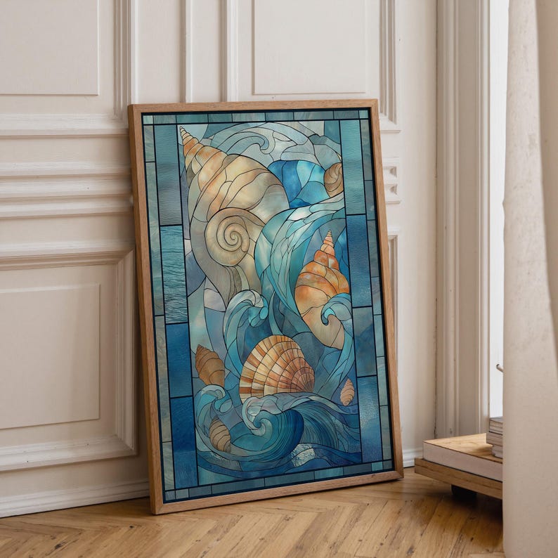 Stained Glass Seashell Wall Art, Coastal Ocean Illustration, Nautical Beach Décor, Art Nouveau image 1