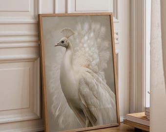 White Peacock Wall Art | Neutral Boho Bird Print | Elegant Nature Illustration | Minimalist Botanical Décor | Modern Living Room Artwork |