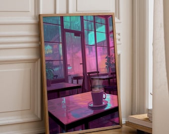 Puede incluir: Una impresión artística vertical enmarcada que representa una escena de cafetería lluviosa por la noche con vibrante iluminación de neón rosa y turquesa. Una taza morada humeante descansa sobre una mesa de azulejos en primer plano.