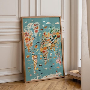 May include: A framed wall art print featuring a teal world map illustration. The continents are filled with colourful, small drawings of various global food items, including sushi, fruits, breads, and meats, scattered across the landmasses.