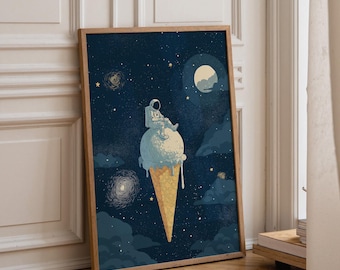 Astronaut Ice Cream Wall Art Print, Space Nursery Decor, Cosmic Moon Poster, Surreal Galaxy Artwork, Celestial Kids Room Art (Framed Option)