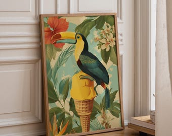 Toucan Ice Cream Wall Art Print, Tropical Bird Poster, Botanical Jungle Decor, Maximalist Nature Artwork (Framed Option)