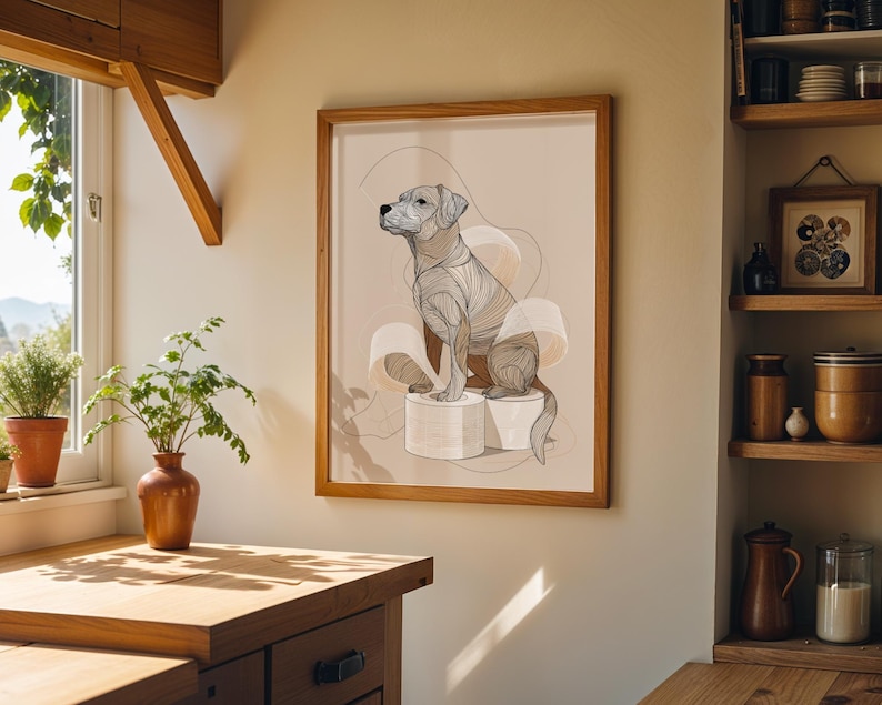 Funny Dog Toilet Paper Art Print • Modern Line Art Dog Illustration • Bathroom Wall Décor • Quirky Pet Lover Gift • Minimalist Dog Poster image 3