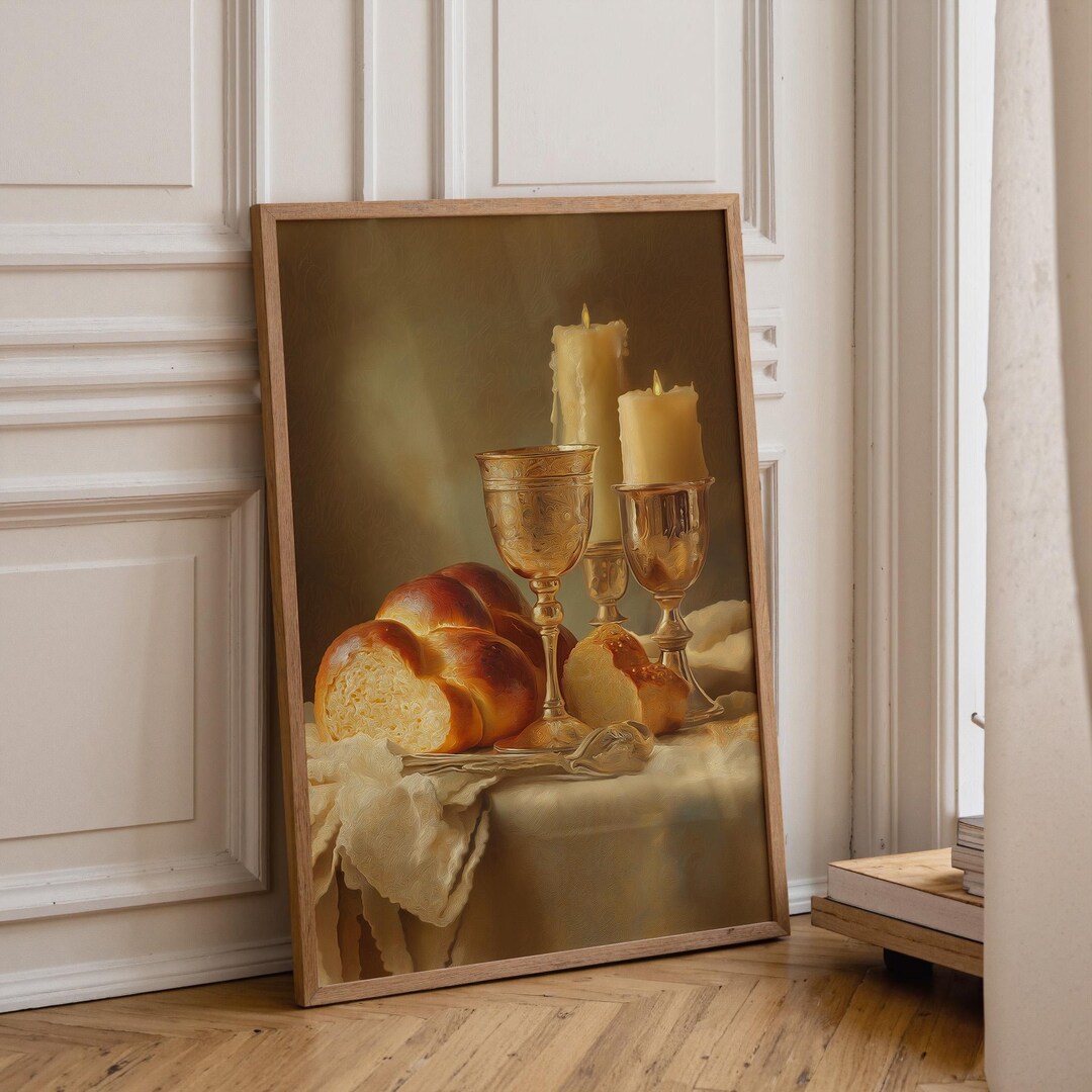 Shabbat Table Wall Art • Challah & Kiddush Cup Print • Jewish Sabbath ...