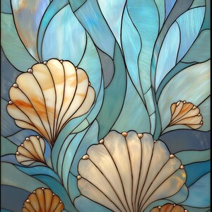 Stained Glass Seashell Wall Art, Coastal Ocean Illustration, Nautical Beach Décor, Art Nouveau imagen 7