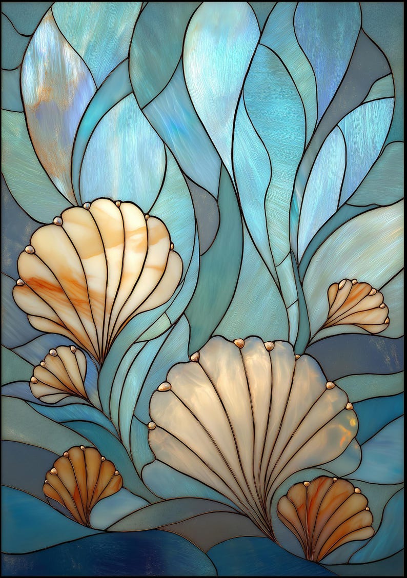 Stained Glass Seashell Wall Art, Coastal Ocean Illustration, Nautical Beach Décor, Art Nouveau imagen 7