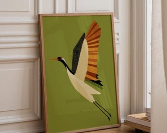 Mid Century Modern Crane Wall Art Print, Scandinavian Bird Poster, Retro 1960s Wildlife Décor, Olive Green MCM Art
