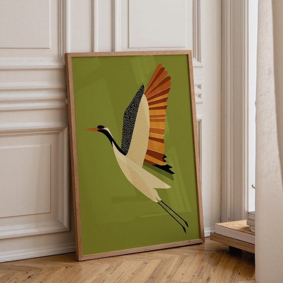 Mid Century Modern Crane Wall Art Print, Scandinavian Bird Poster, Retro 1960s Wildlife Décor, Olive Green MCM Art