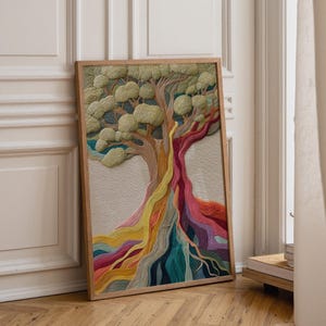 May include: A rectangular framed wall art piece featuring a textured fiber art tree. The tree canopy consists of light green tufted foliage, while the trunk and roots are composed of layered, multicolored yarn strands in yellow, red, purple, and blue.