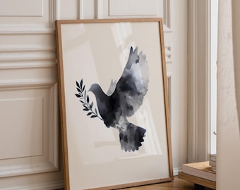 Watercolour Dove Art Print • Jewish Peace Dove Wall Art • Blue Olive Branch Illustration • Modern Judaica Décor • Peace Symbol • Monochrome