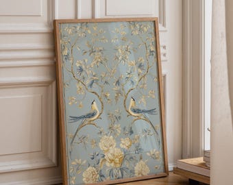 Chinoiserie Bird Wall Art, Blue Gold Floral Print, Elegant Botanical Asian Decor