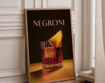Plakat z koktajlem Negroni | Minimalistyczna sztuka barowa | Nowoczesny plakat z drinkiem | Dekoracja ścienna z włoskim koktajlem | Prezent do domowego baru lub kuchni