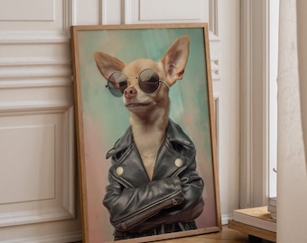 Chihuahua Leather Jacket Art Print • Cool Dog Wall Art • Funny Chihuahua Poster • Biker Dog Illustration • Dog Sunglasses Décor