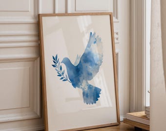 Watercolour Dove Art Print • Jewish Peace Dove Wall Art • Blue Olive Branch Illustration • Modern Judaica Décor • Peace Symbol Poster