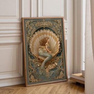 Art Nouveau Mermaid Wall Art Print, Vintage Coastal Goddess Poster, Elegant Ocean Fantasy Decor, Ornate Gold Shell Artwork (Framed Option)