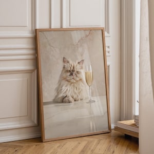 Champagne Cat Art Print • Prosecco Glass Wall Art • Fluffy Persian Cat Illustration • Elegant Animal Décor • Whimsical Bar Artwork KWC