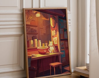 Kawaii Cat Eating Ramen Art Print | Cosy Japanese Noodle Shop Illustration | Cute Cat Kitchen Wall Art | Warm Lantern Anime Style Décor