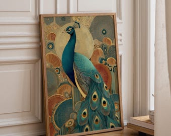 Art Deco Peacock Wall Art | Elegant Gold & Teal Bird Illustration | Luxurious Vintage-Inspired Print | Glam Boho Home Décor | Peacock Poster