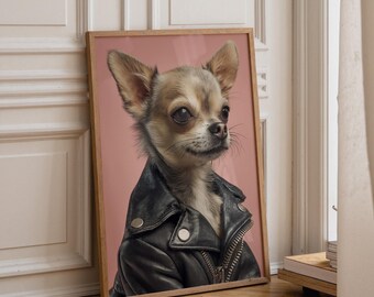 Chihuahua Leather Jacket Art Print • Cool Dog Wall Art • Funny Chihuahua Poster • Biker Dog Illustration • Dog Sunglasses Décor