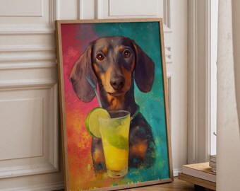 Dachshund Cocktail Art Print • Sausage Dog Margarita Wall Art • Colourful Dachshund Illustration • Fun Dog Bar Décor • Lime Drink Artwork