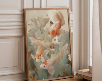 Japanese Koi Fish Wall Art | Lotus Flower Print | Tranquil Zen Home Décor | Oriental Water Garden Art |