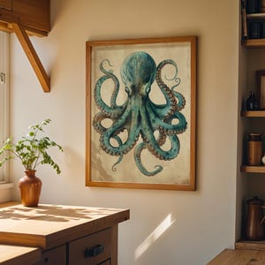 Vintage Octopus Wall Art Print, Nautical Coastal Décor, Teal Antique Kraken Illustration, Maritime Study Artwork, Ocean Lover Gift imagen 2