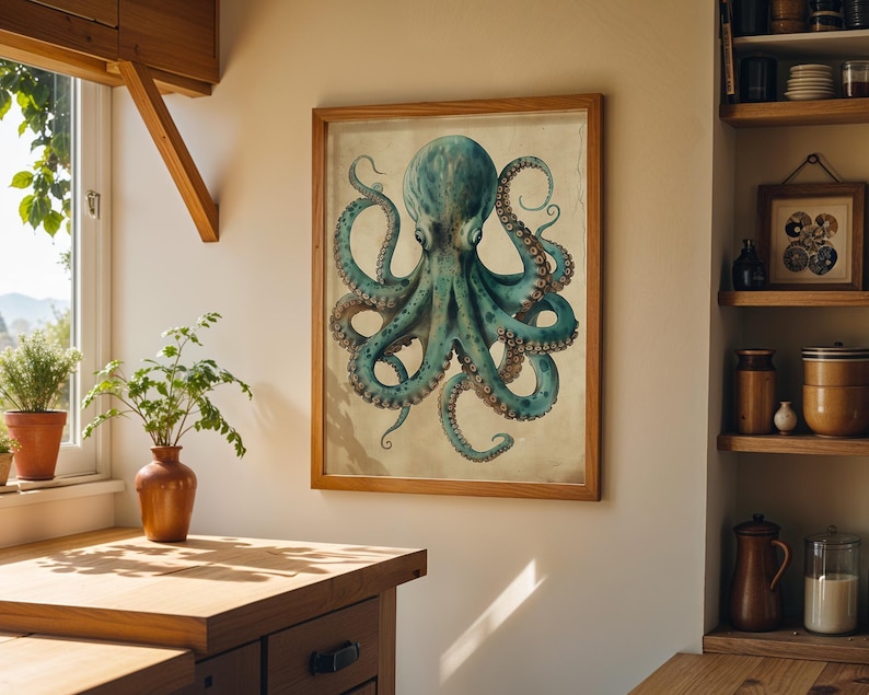Vintage Octopus Wall Art Print, Nautical Coastal Décor, Teal Antique Kraken Illustration, Maritime Study Artwork, Ocean Lover Gift imagen 2