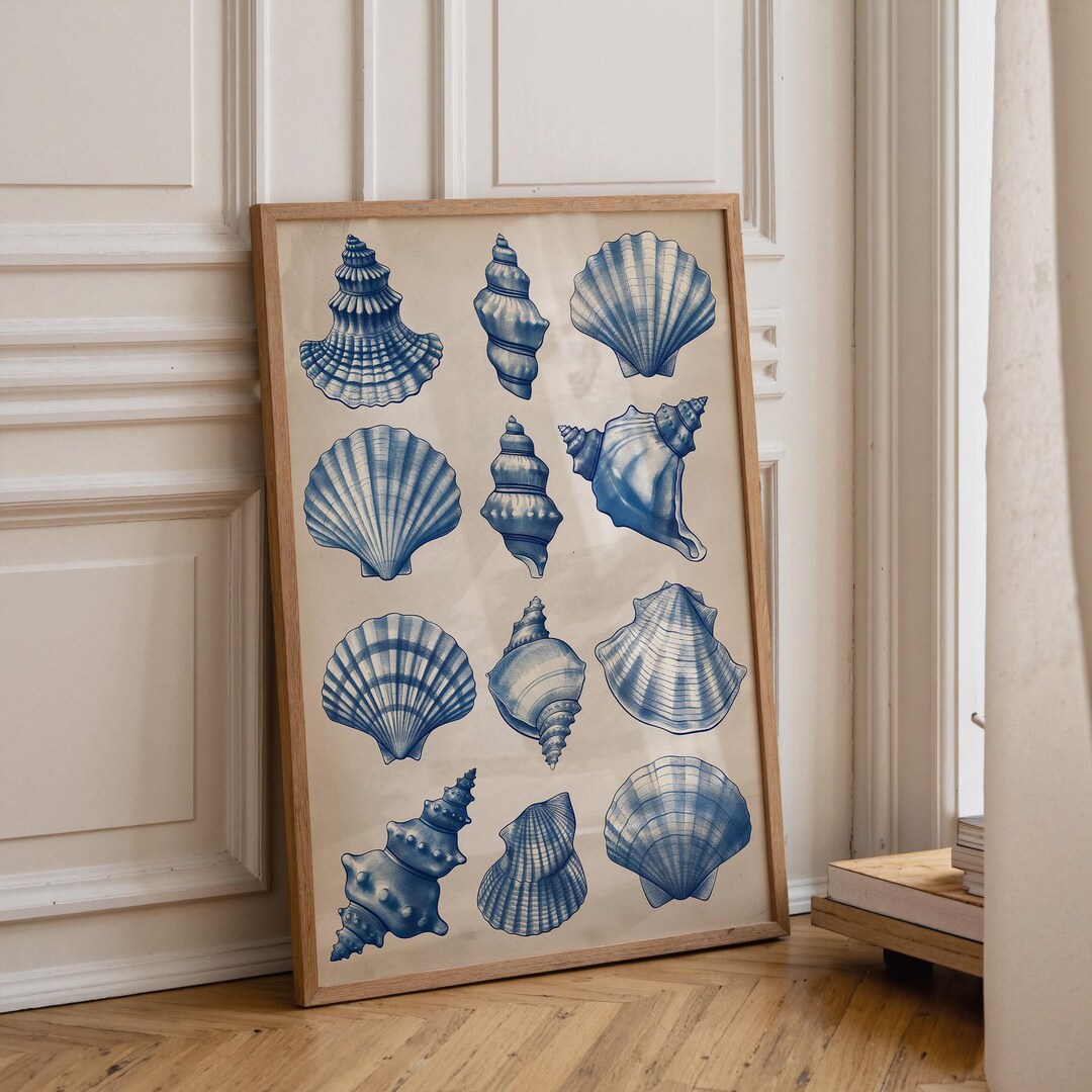 Botanicial Shell Patina Blue Seashell Wall Art Print, Vintage Coastal Illustration ...