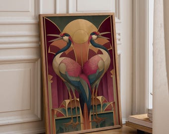 May include: A framed vertical art print featuring two symmetrical cranes with red crests, pink and blue plumage, and long beaks. The birds are positioned against a geometric background of deep burgundy, gold, and teal shapes with a central circle.