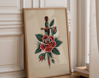 Traditional Rose and Dagger Wall Art Print – Classic Tattoo Style Floral Poster