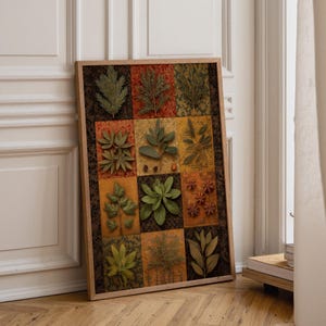 May include: A rectangular framed wall art piece featuring a grid of twelve distinct botanical specimens. The collection includes various green leaves, pine needles, and star anise arranged on textured backgrounds of orange, yellow, and dark brown.