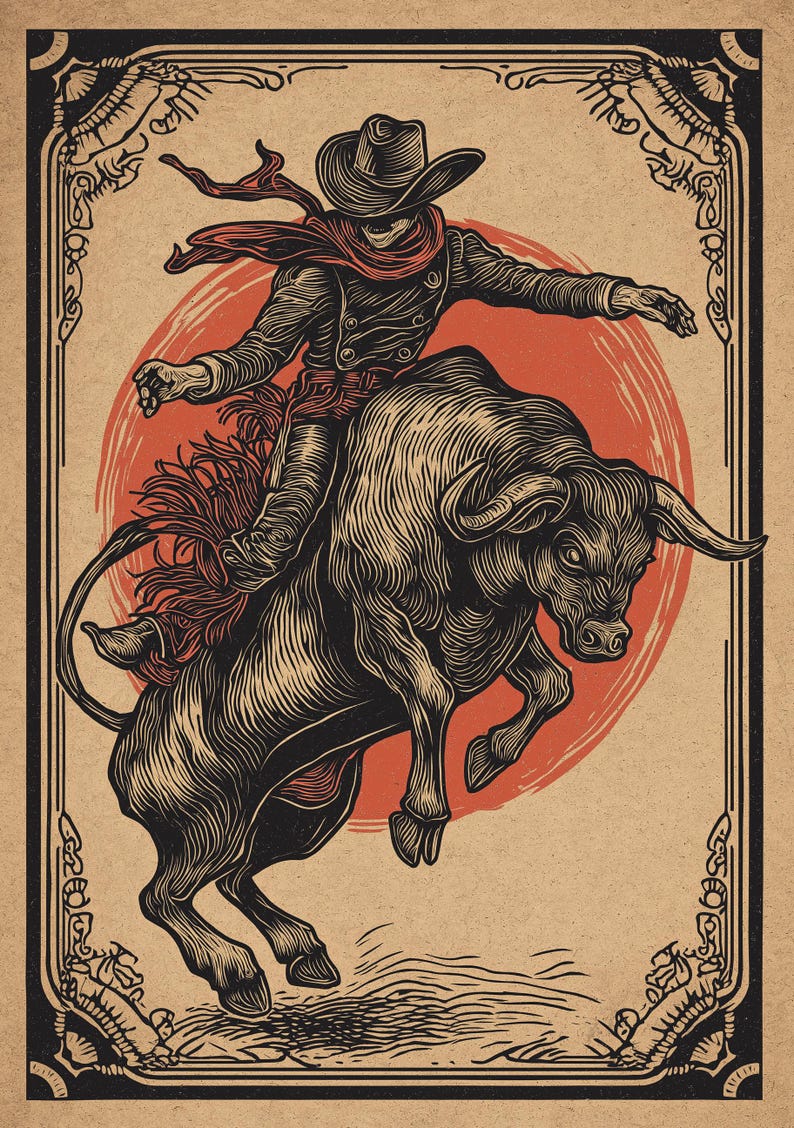 Western Bull Rider Art Print, Vintage Rodeo Poster, Wild West Cowboy ...