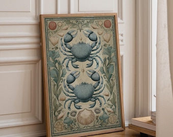 Impression d'art folklorique de crabe côtier, décoration de maison de plage nautique, affiche de vie marine (option encadrée)