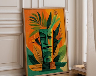 Tropical Tiki Bar Cocktail Art Print – Retro Citrus Drink with Palm Leaves & Orange Sun