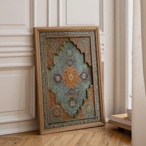 May include: A rectangular wall art piece featuring intricate mosaic tile patterns in shades of turquoise, deep blue, and golden yellow. The artwork is encased in a light-toned wooden frame with a stepped, recessed design that adds depth.